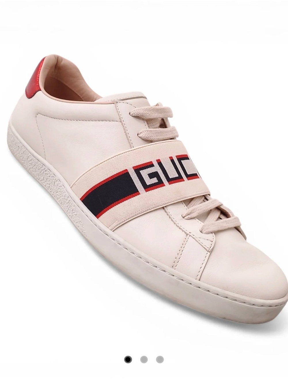 Gucci Ace Leather Sneaker with Red and Navy Logo Strap EU 37